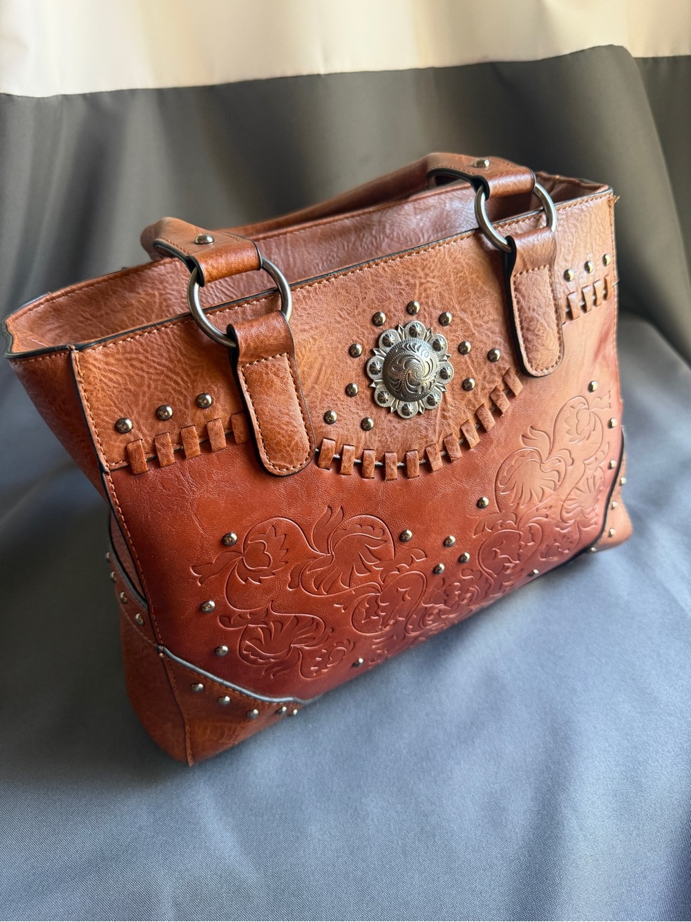 Brown  Embossed Vegan Leather Western Tote Bag with Stud and Concho Detail